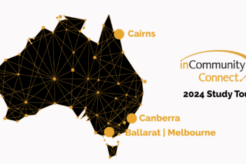 Graphic image of map of Australia with Cairns, Canberra, Ballarat and Melbourne highlighted with inCommunity Connect Logo