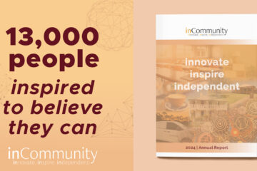 Graphic with 13000 people inspired to believe they can with cover of 2023-2024 Annual Report