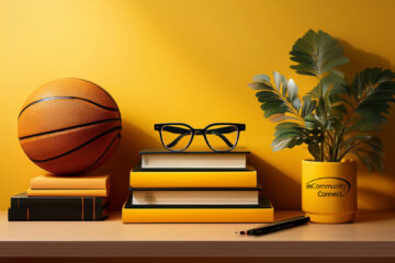 AI generated art image of books with black glasses on top with basketball and plant and inCommunity Connect logo on pot plant holder. Yellow and black colours.