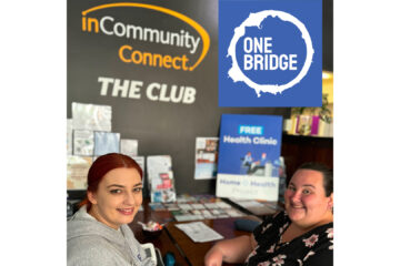 One Bridge Nurse with inCommunity Connect Women's Club Participant, seated, smiling together.