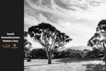 Youth Homelessness Day 2025 - Black and White photo of park with inCommunity Connect Logos and Tenancy Skills Institute Logo
