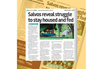Image of Local Ipswich News article, overlayed over the same image on an angle with yellow overlay.