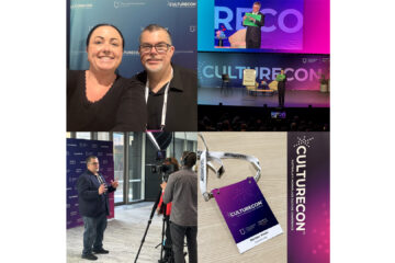 Photo collage of CEO Paul Tommasini and Deputy CEO Nerissa Wade's attendance at CultureCon 2025. Includes close up photo of Paul and Nerissa, Presenter on stage, Paul speaking to camera and Nerissa's pass.