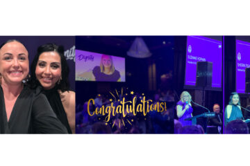 Banner with: Photo of Deputy CEO Nerissa and Dignity's Sherin + Gala night image with Dignity founder Suzanne on the screen. Text graphic at the bottom: Congratulations in gold celebratory font + Photos of Suzanne and Sherin speaking at Gala night.