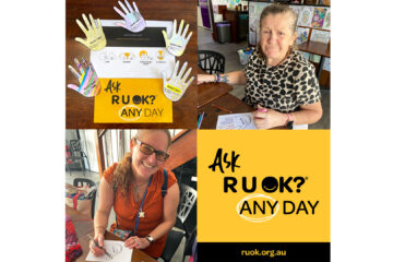 Photo collage of R U OK? Day activities at women's club including women's club participants colouring in and smiling and As RU OK? Any Day poster with five handrawn hands coloured in with pencils and written ideas of connection e.g. my friends, myself, my family, my mum.
